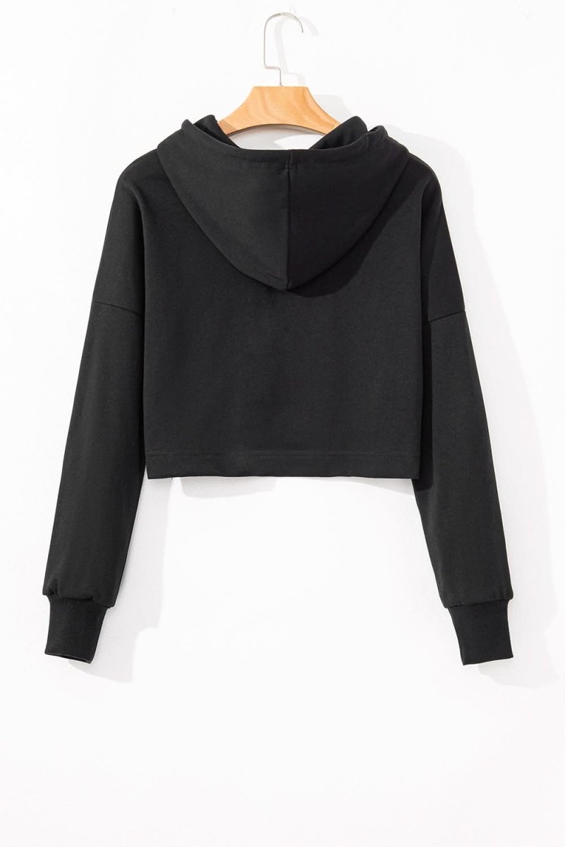 Black Solid Drop Shoulder Drawstring Cropped Hoodie - Love Salve